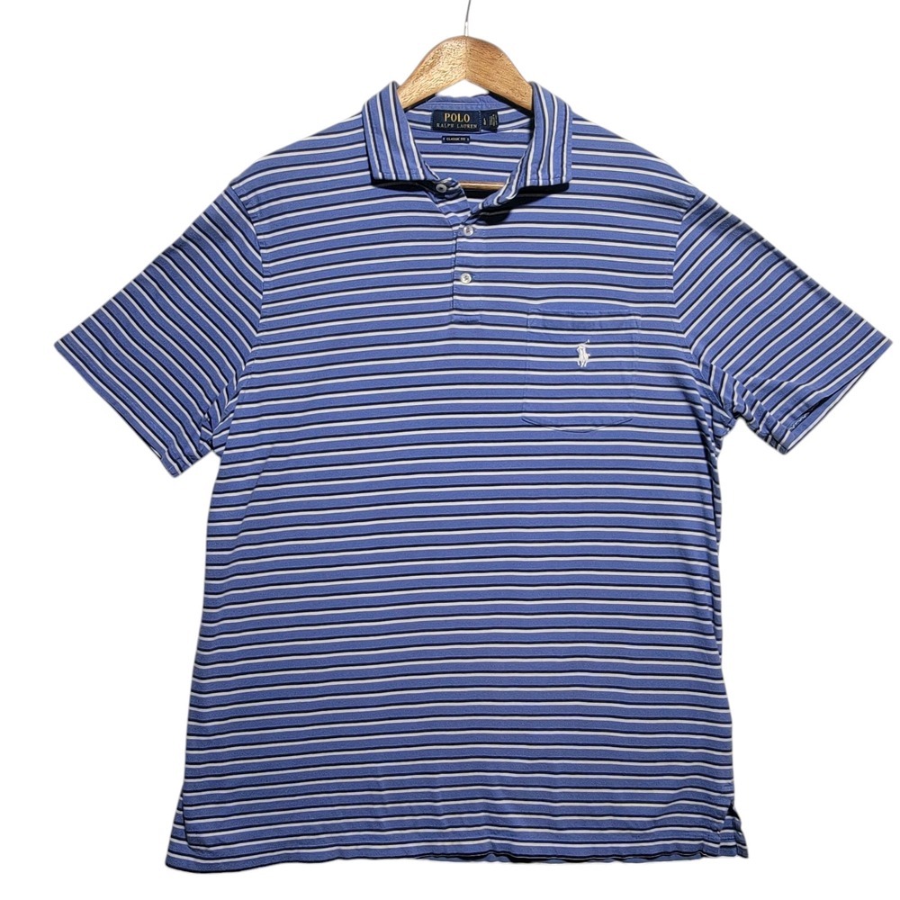 Polo Ralph Lauren‎ Mens Size Large Blue White Striped Collared Shirt Pony Pocket